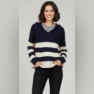 Marled Reunited Clothing blue and white knitted hooded sweater, slit pockets, M